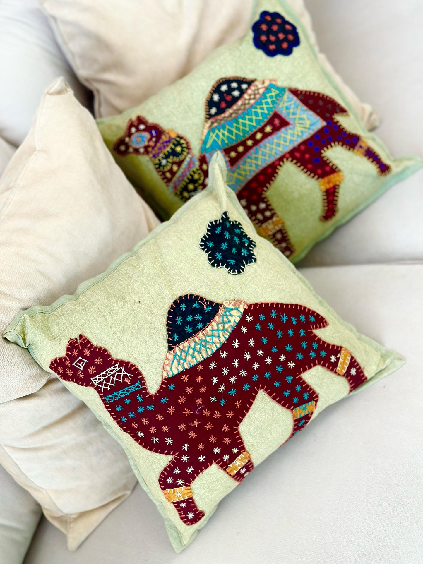 Set of Two Vintage Kantha Cushion Covers, Indian Bohemian Kantha Cushion, Handmade Antique Kantha Throw Pillow, Boho Cushion