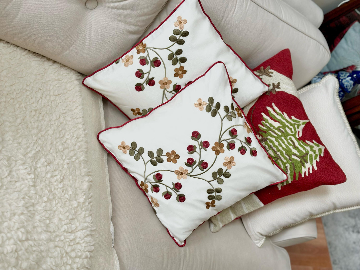 Embroidered Floral Pillow Covers, 16x16 Holiday Red Berry Cushions, Festive Home Decor, Christmas Throw Pillow Gift