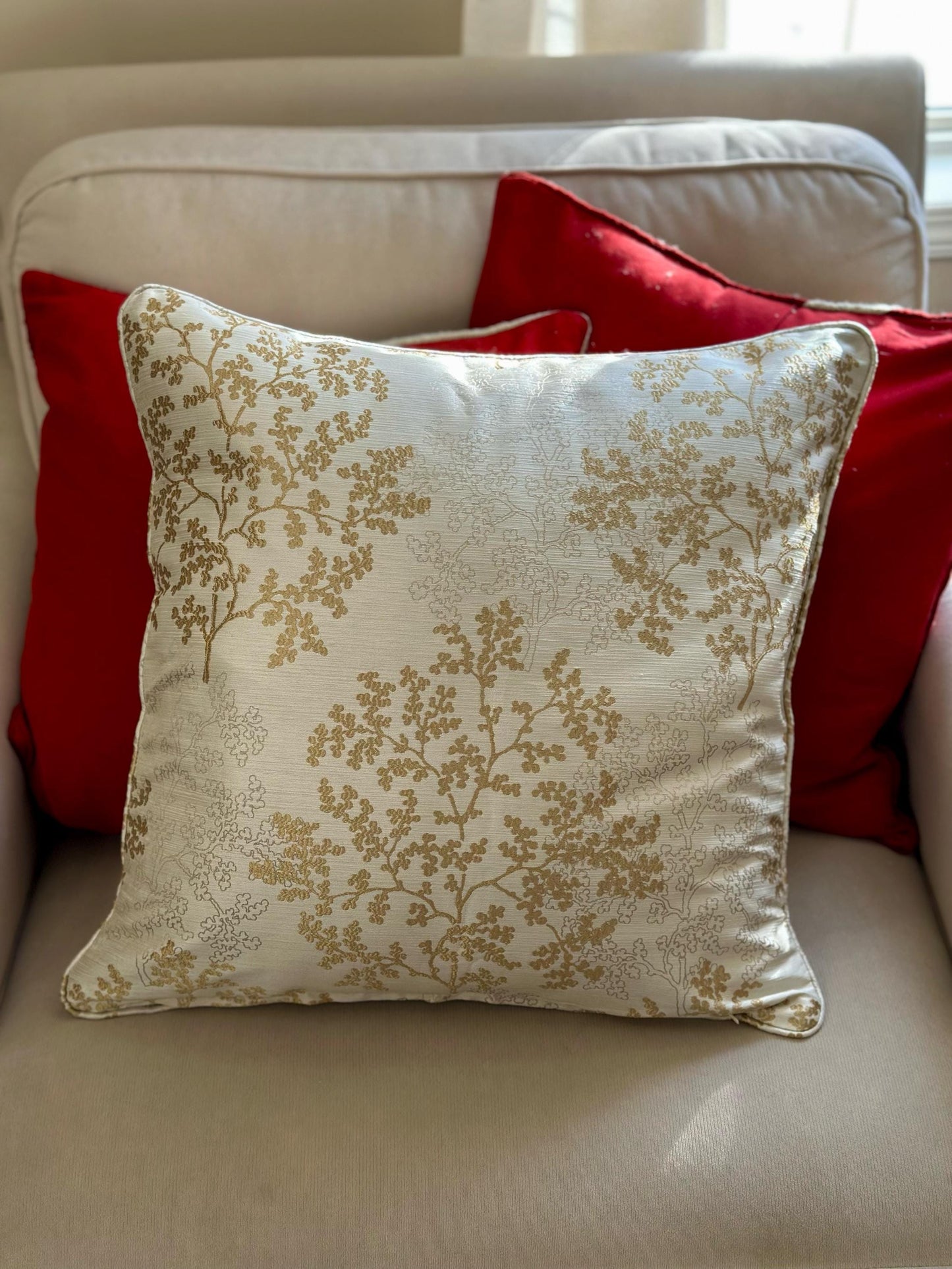 Gold Linen Pillow Cover 20x20, Luxurious Cushion for Living Room, Botanical Home Decor, Elegant Nature-Inspired Throw Pillow