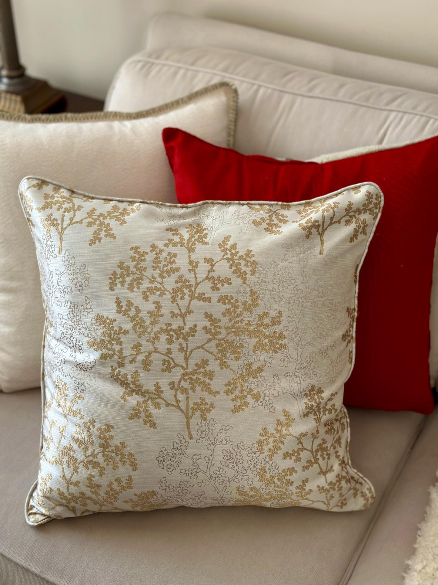 Gold Linen Pillow Cover 20x20, Luxurious Cushion for Living Room, Botanical Home Decor, Elegant Nature-Inspired Throw Pillow