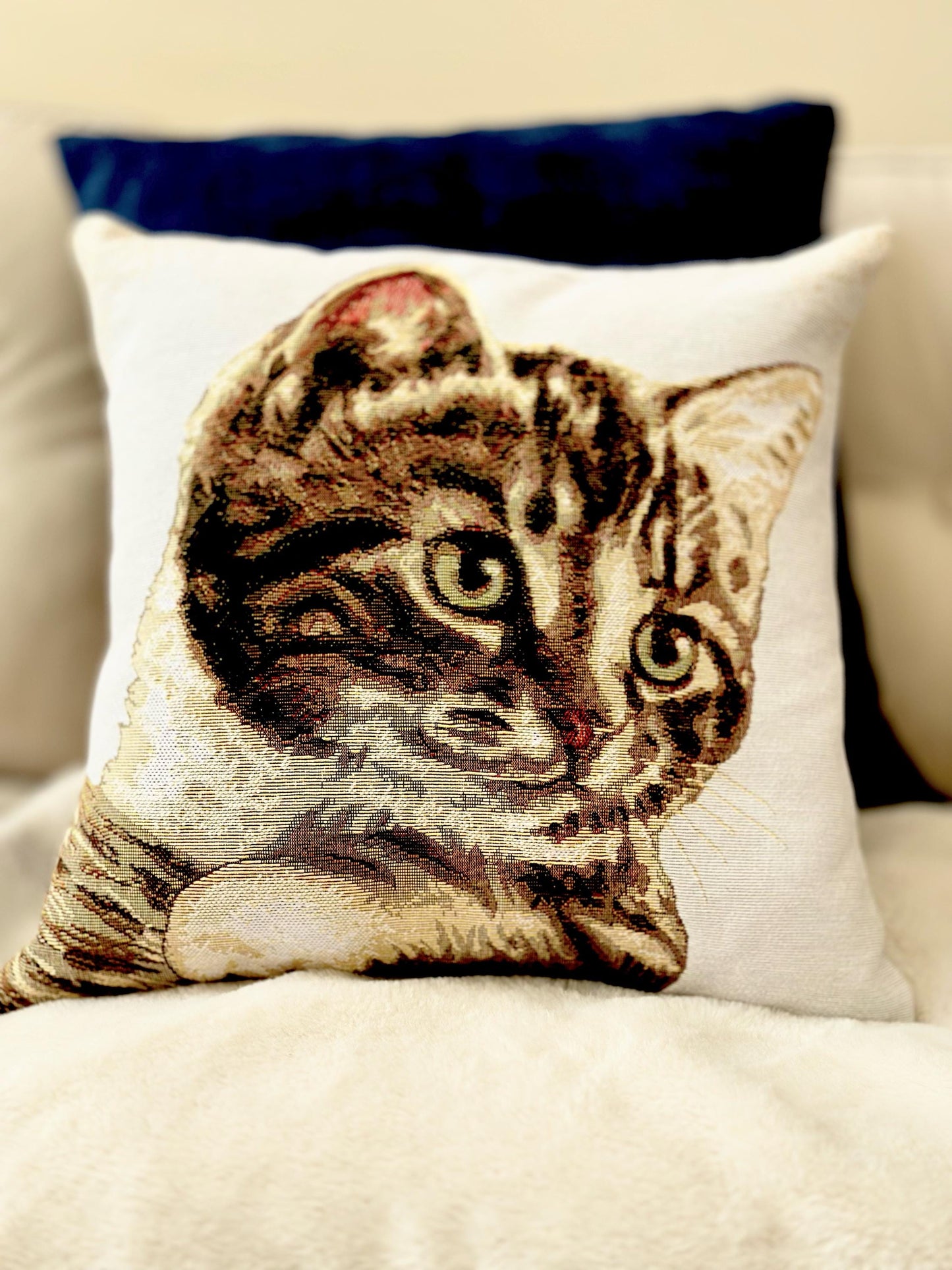 Belgian Jacquard Woven Cat Pillow Cover, 16"x16" Tapestry Cushion, Decorative Feline Throw Pillow, Animal Lover Gift, Decorative cat pillow