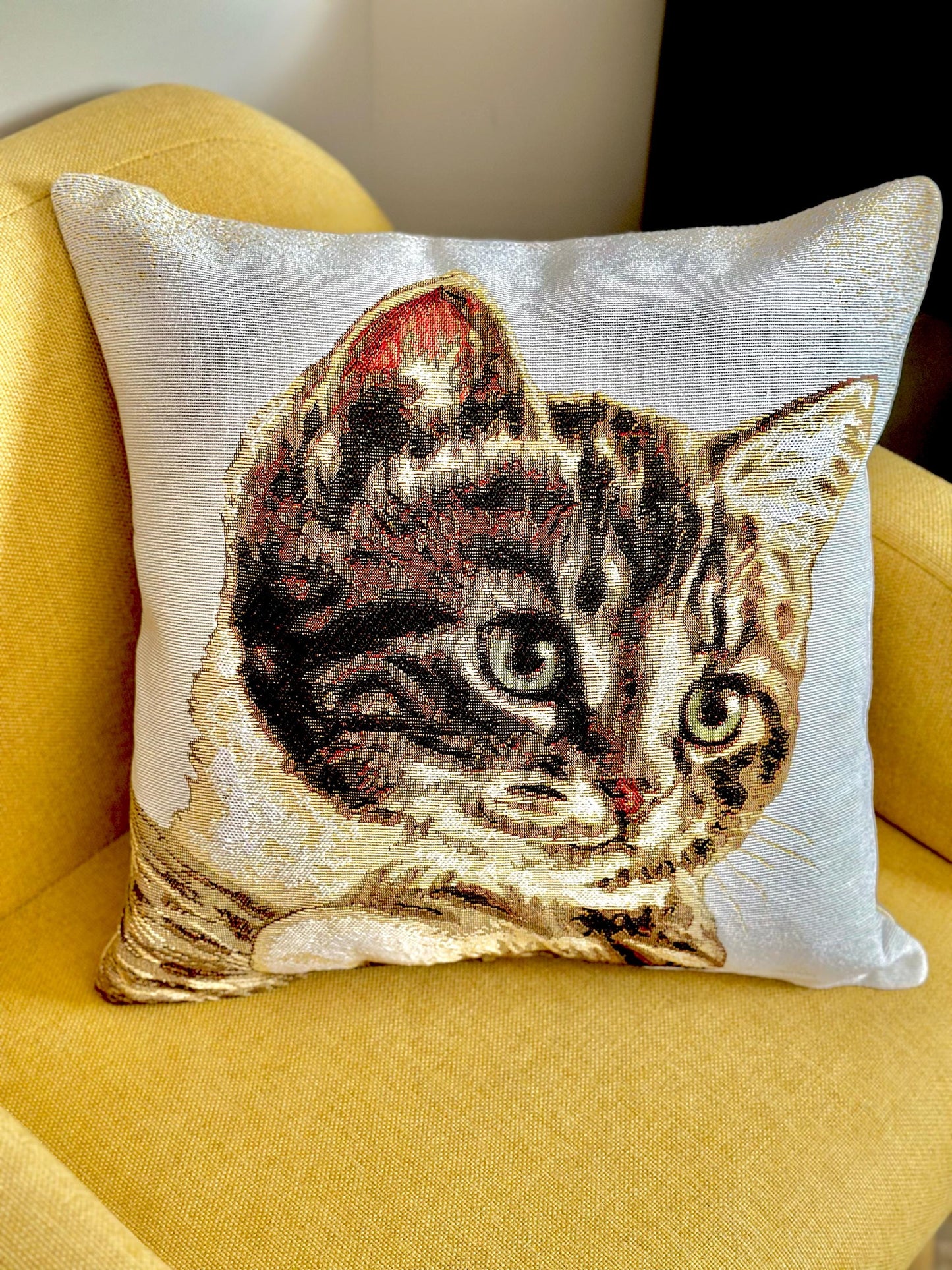 Belgian Jacquard Woven Cat Pillow Cover, 16"x16" Tapestry Cushion, Decorative Feline Throw Pillow, Animal Lover Gift, Decorative cat pillow