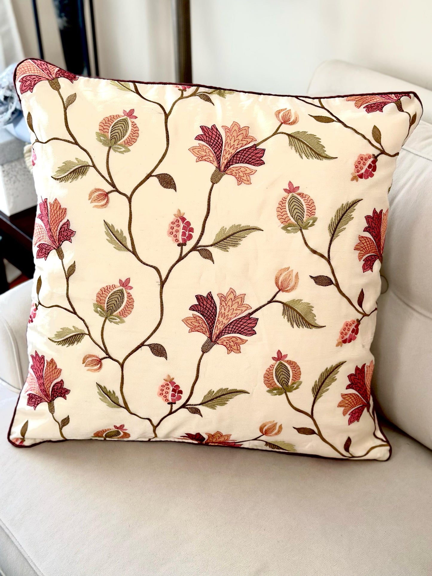 Floral Embroidered Cushion Cover 24x24 - Luxurious Handcrafted Linen and Cotton Pillow Case, Elegant Home Decor, Unique Gift Idea