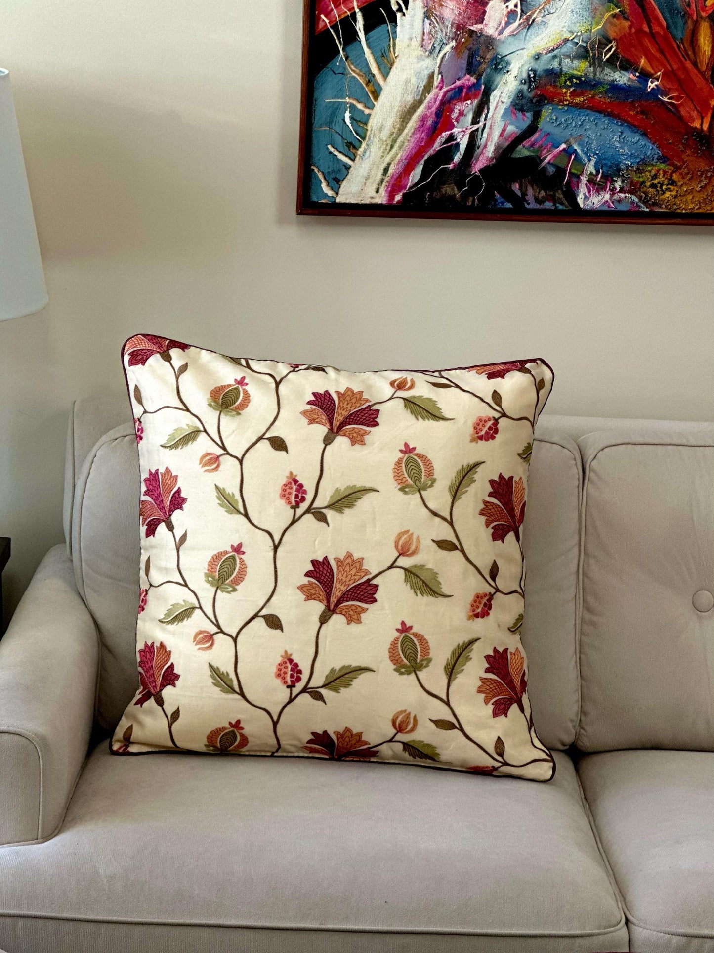 Floral Embroidered Cushion Cover 24x24 - Luxurious Handcrafted Linen and Cotton Pillow Case, Elegant Home Decor, Unique Gift Idea