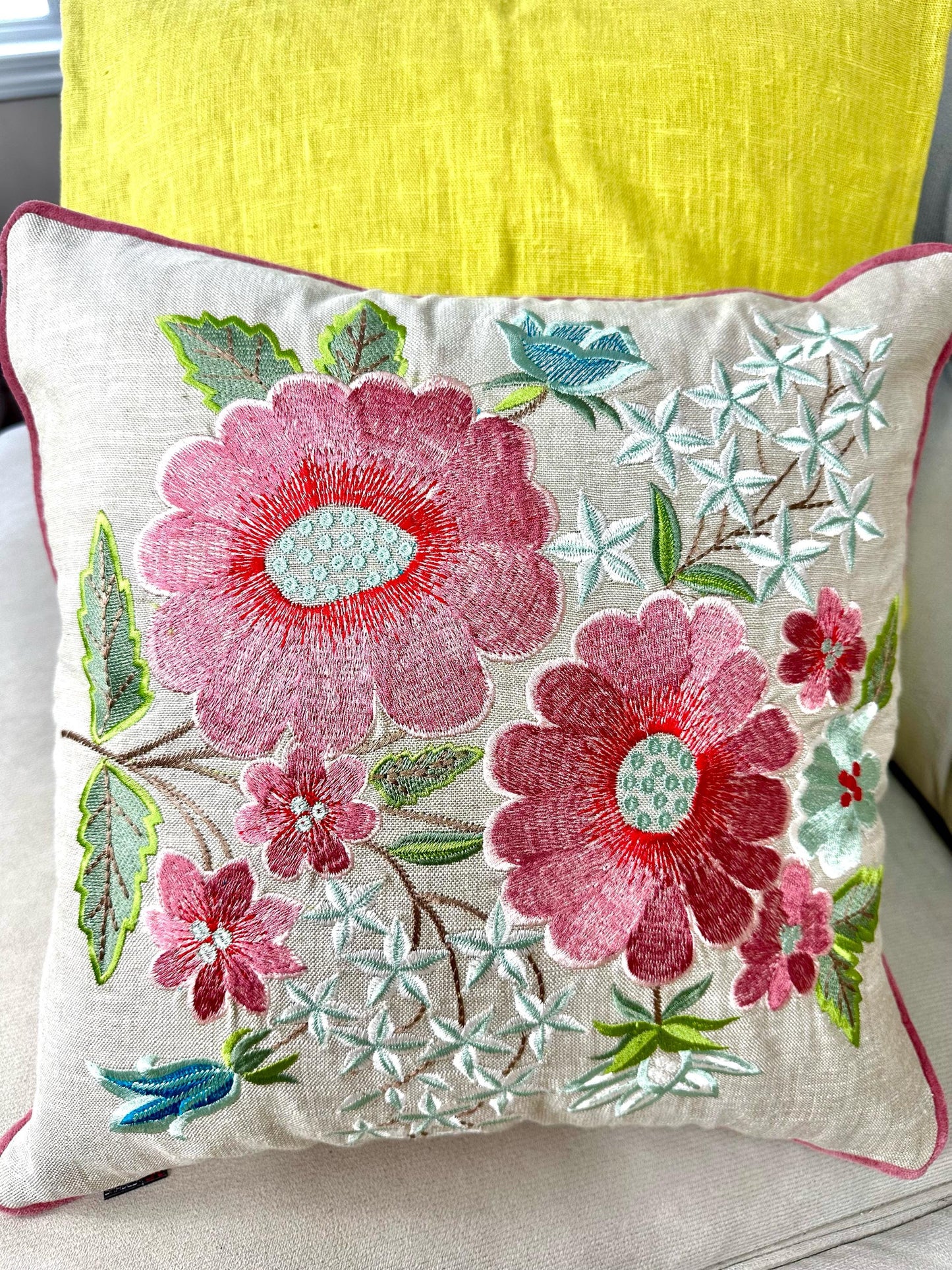 Hand Embroidered Spring Floral Cushion Cover, Botanical Throw Pillow, Nature-Inspired Decor, Cottagecore Sofa Accent, Cozy Home Decor
