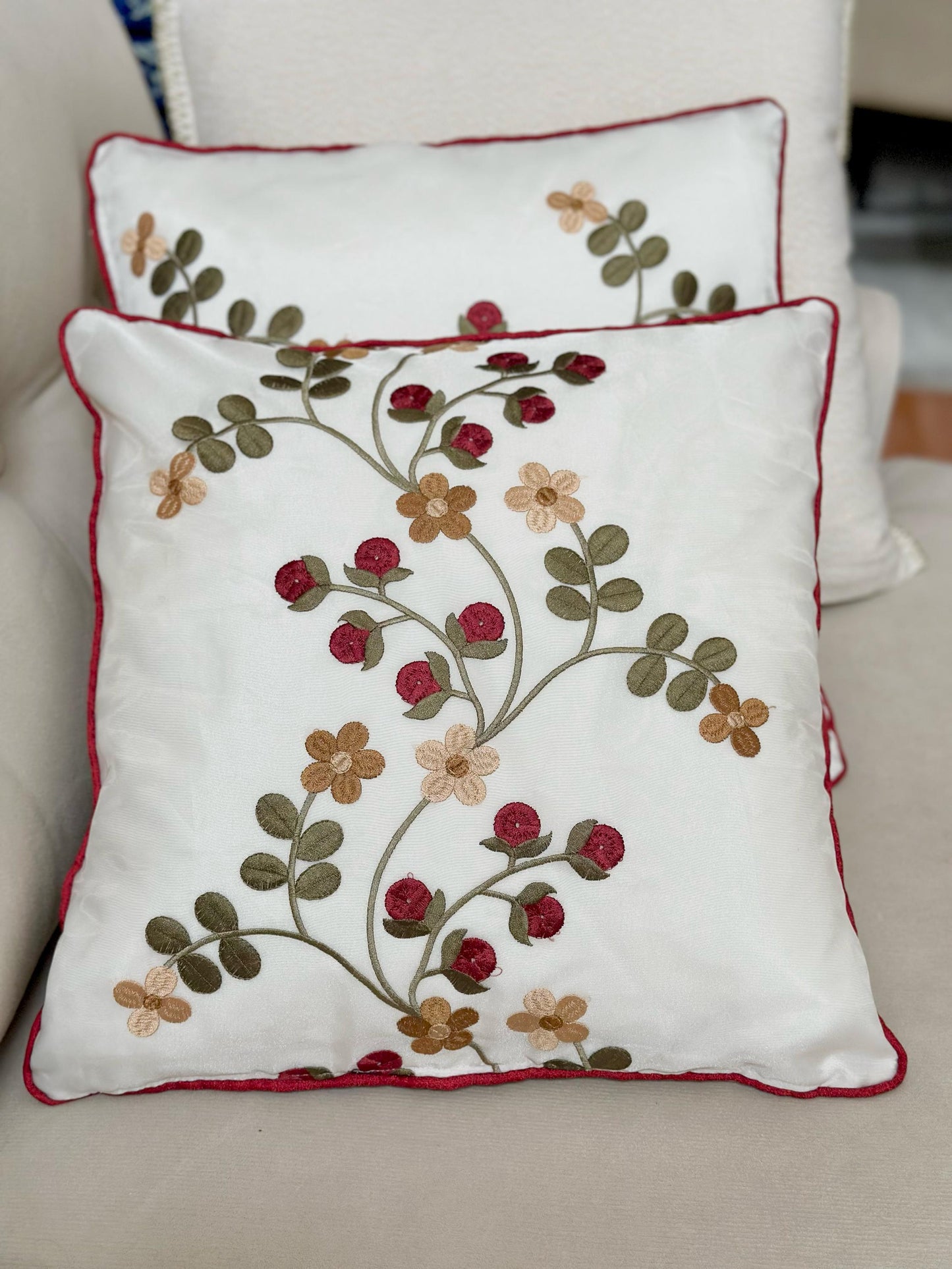 Embroidered Floral Pillow Covers, 16x16 Holiday Red Berry Cushions, Festive Home Decor, Christmas Throw Pillow Gift