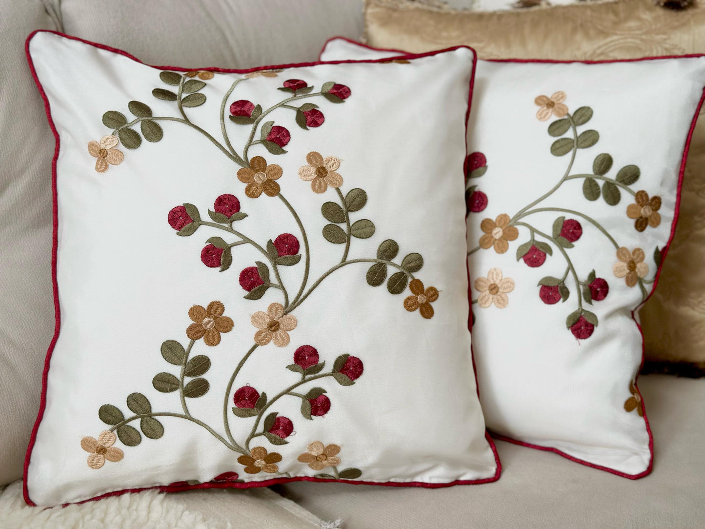 Embroidered Floral Pillow Covers, 16x16 Holiday Red Berry Cushions, Festive Home Decor, Christmas Throw Pillow Gift