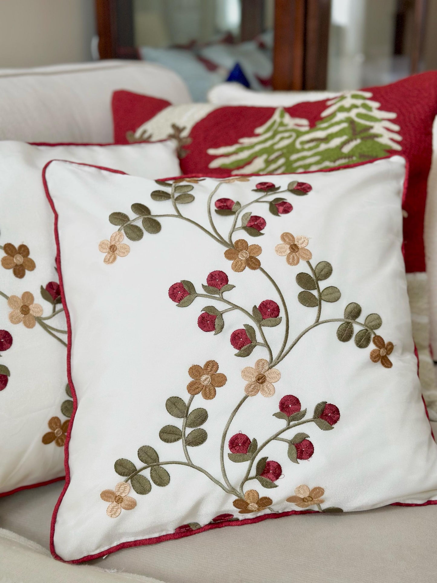 Embroidered Floral Pillow Covers, 16x16 Holiday Red Berry Cushions, Festive Home Decor, Christmas Throw Pillow Gift