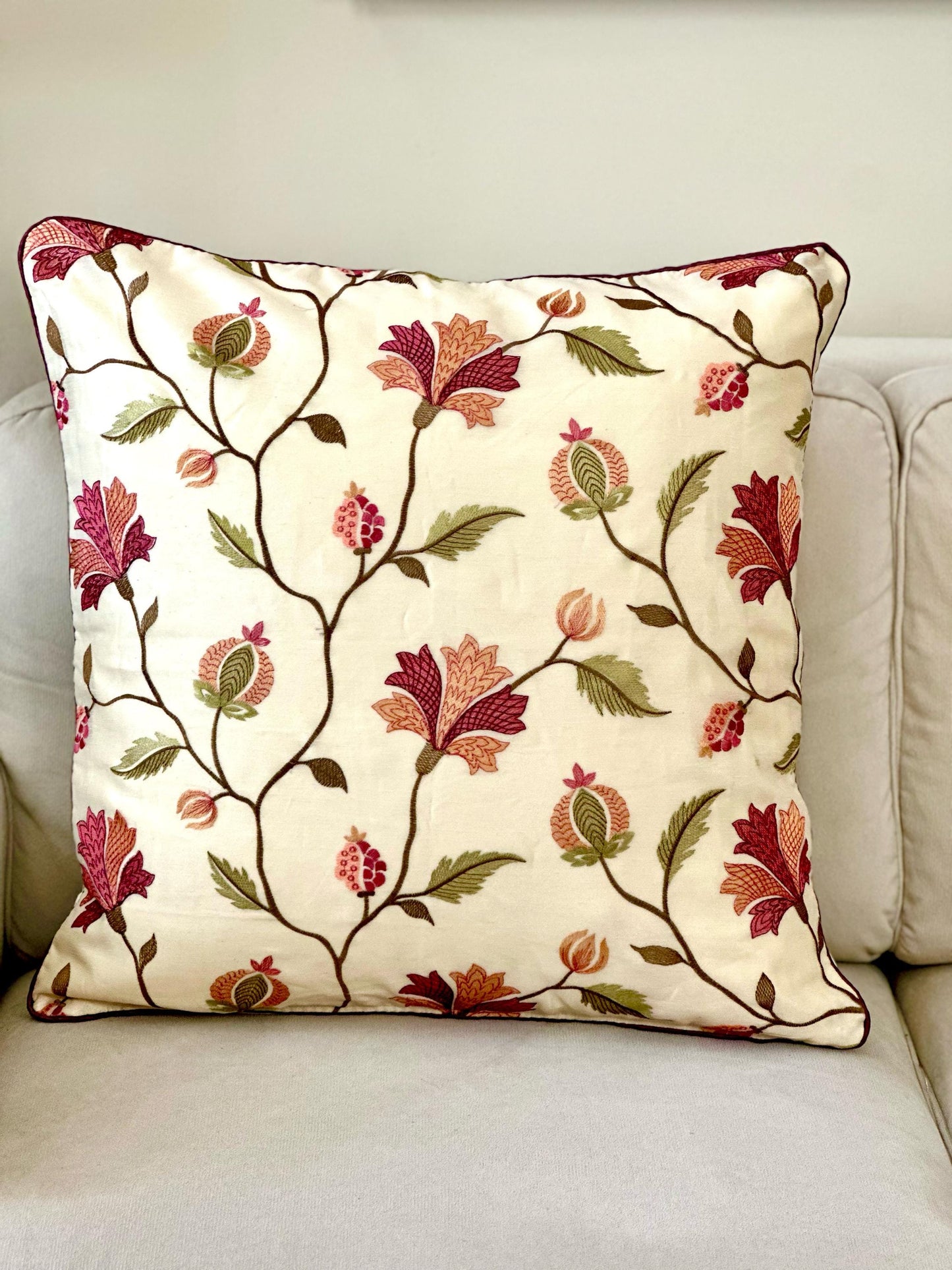 Floral Embroidered Cushion Cover 24x24 - Luxurious Handcrafted Linen and Cotton Pillow Case, Elegant Home Decor, Unique Gift Idea