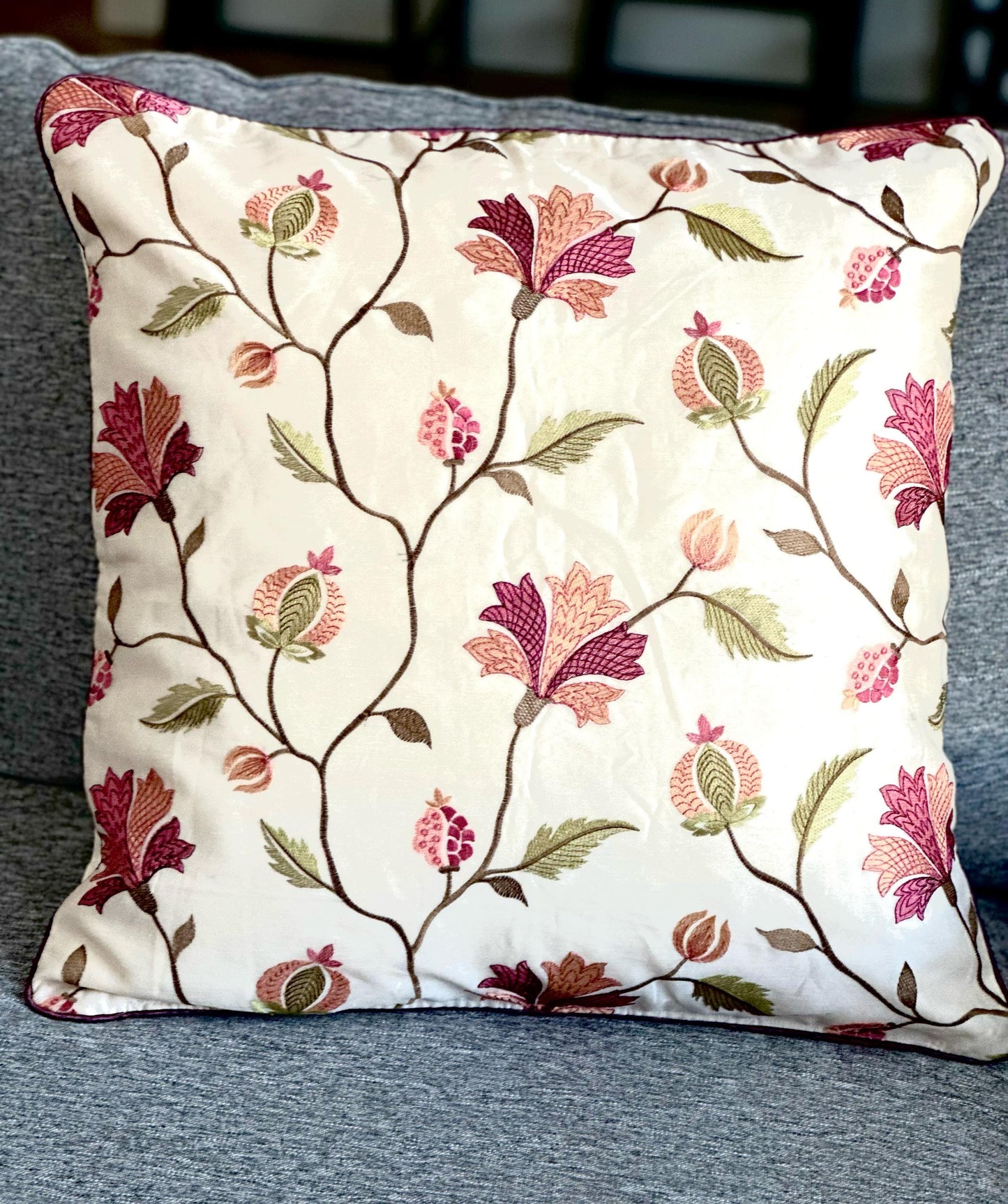 Floral Embroidered Cushion Cover 24x24 - Luxurious Handcrafted Linen and Cotton Pillow Case, Elegant Home Decor, Unique Gift Idea