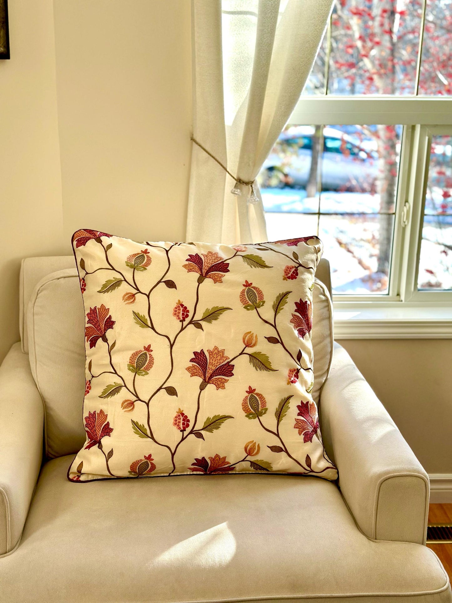 Floral Embroidered Cushion Cover 24x24 - Luxurious Handcrafted Linen and Cotton Pillow Case, Elegant Home Decor, Unique Gift Idea