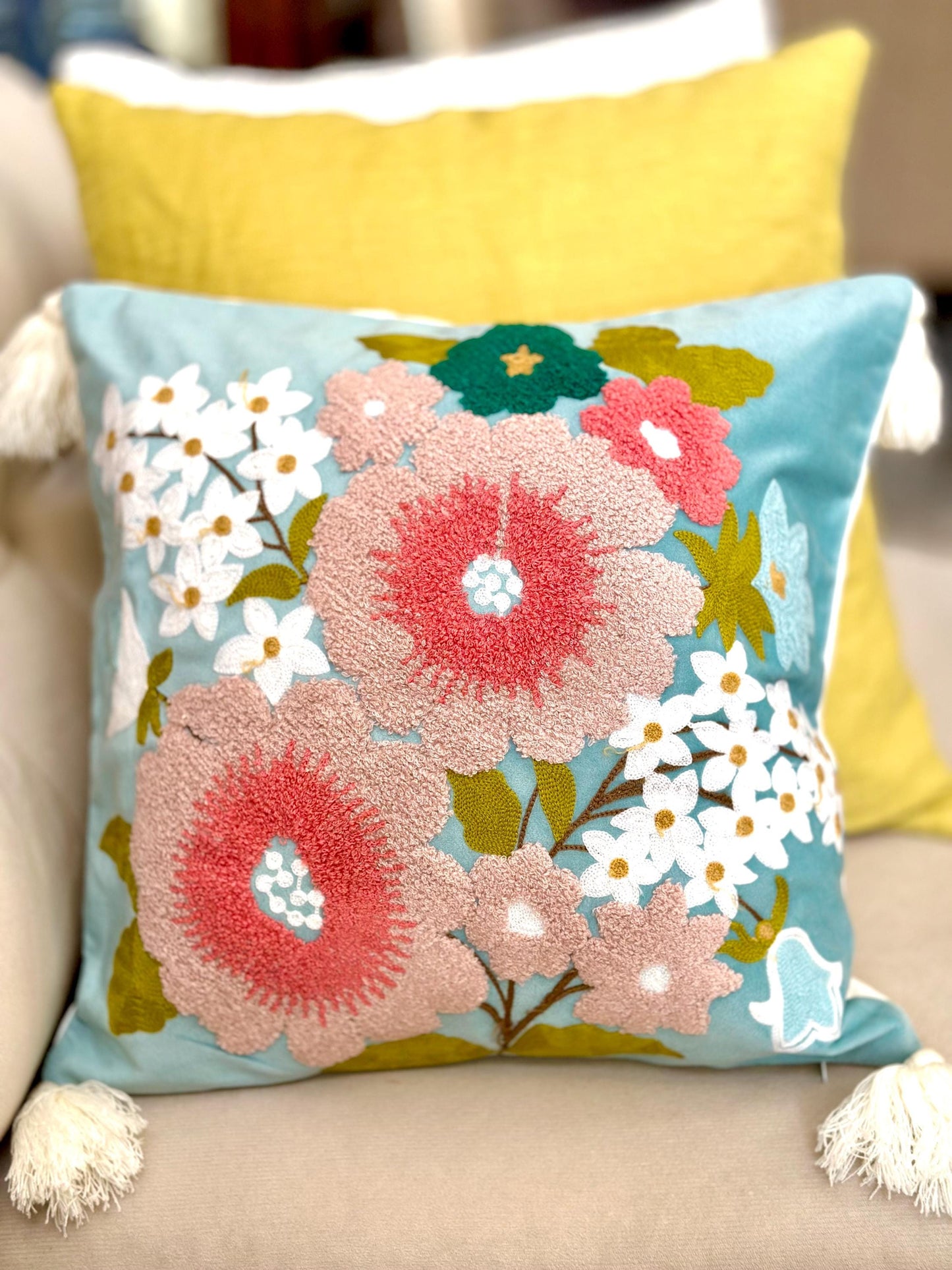 Hand Embroidered Spring Floral Cushion Cover, Botanical Throw Pillow, Nature-Inspired Decor, Cottagecore Sofa Accent, Cozy Home Decor