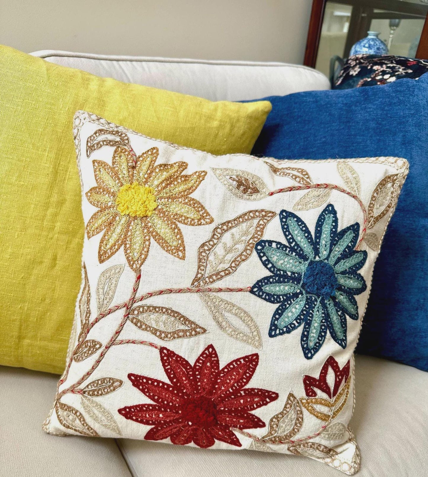 Hand Embroidered Spring Floral Cushion Cover, Botanical Throw Pillow, Nature-Inspired Decor, Cottagecore Sofa Accent, Cozy Home Decor