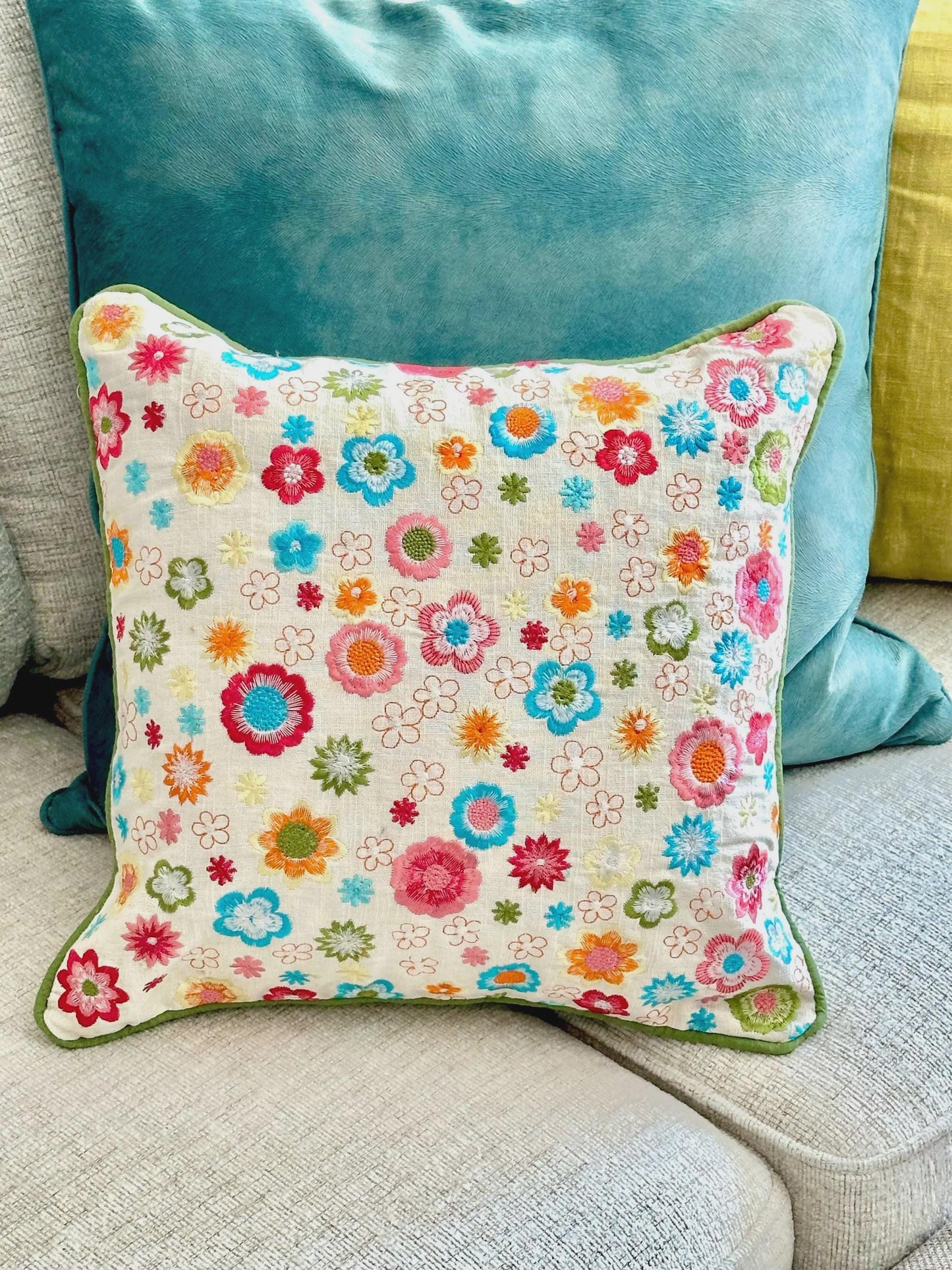 Hand Embroidered Spring Floral Cushion Cover, Botanical Throw Pillow, Nature-Inspired Decor, Cottagecore Sofa Accent, Cozy Home Decor