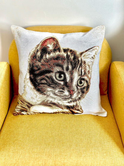 Belgian Jacquard Woven Cat Pillow Cover, 16"x16" Tapestry Cushion, Decorative Feline Throw Pillow, Animal Lover Gift, Decorative cat pillow