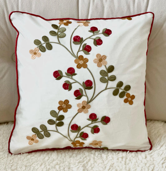 Embroidered Floral Pillow Covers, 16x16 Holiday Red Berry Cushions, Festive Home Decor, Christmas Throw Pillow Gift