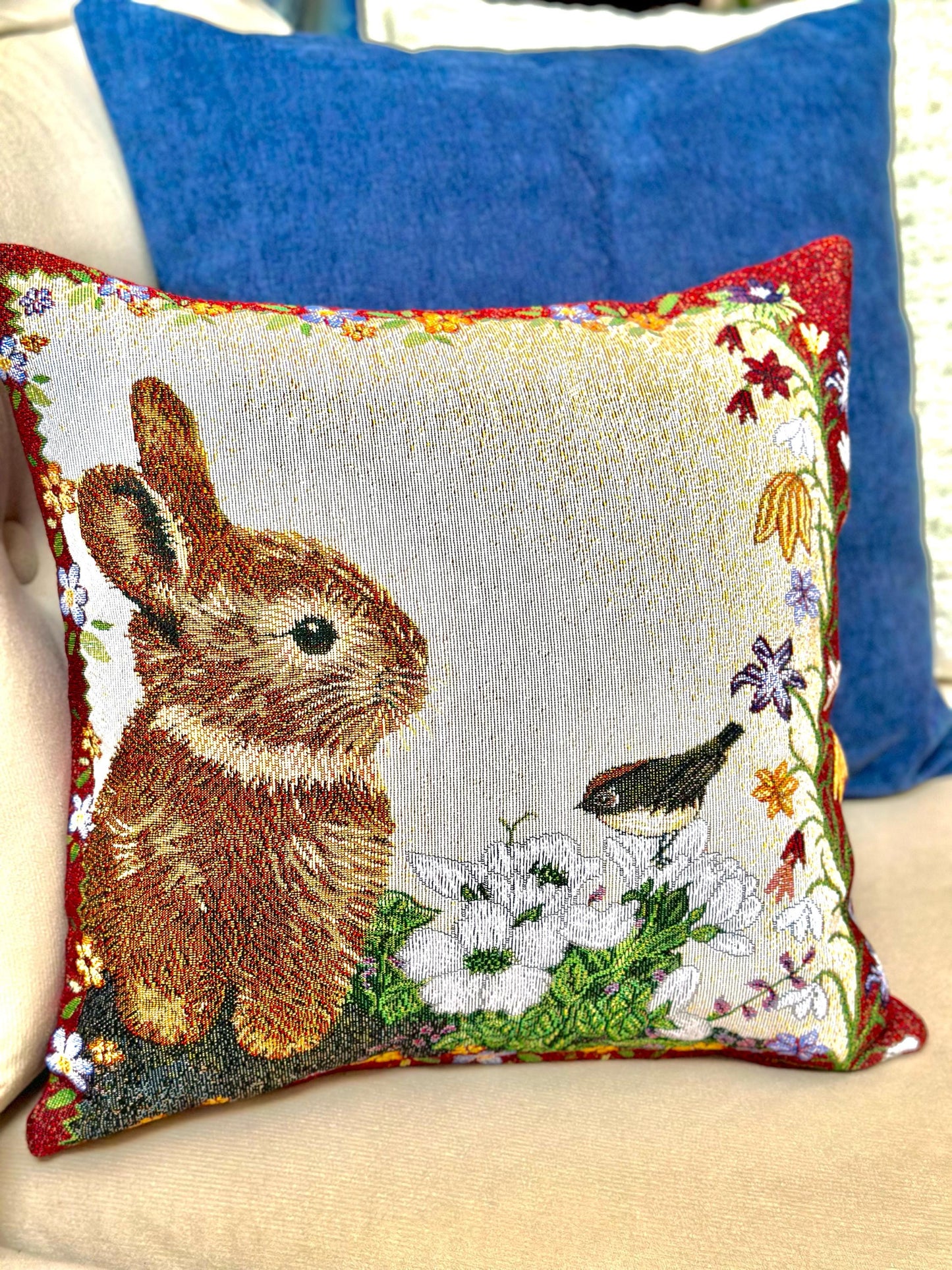Belgian Jacquard Woven Bunny Forest Animal Cushion Cover, 16"x16" Rabbit Tapestry Pillow, Rustic Lodge Decor, Woodland Wildlife Throw Pillow