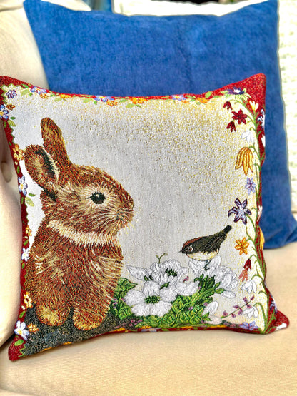 Belgian Jacquard Woven Bunny Forest Animal Cushion Cover, 16"x16" Rabbit Tapestry Pillow, Rustic Lodge Decor, Woodland Wildlife Throw Pillow