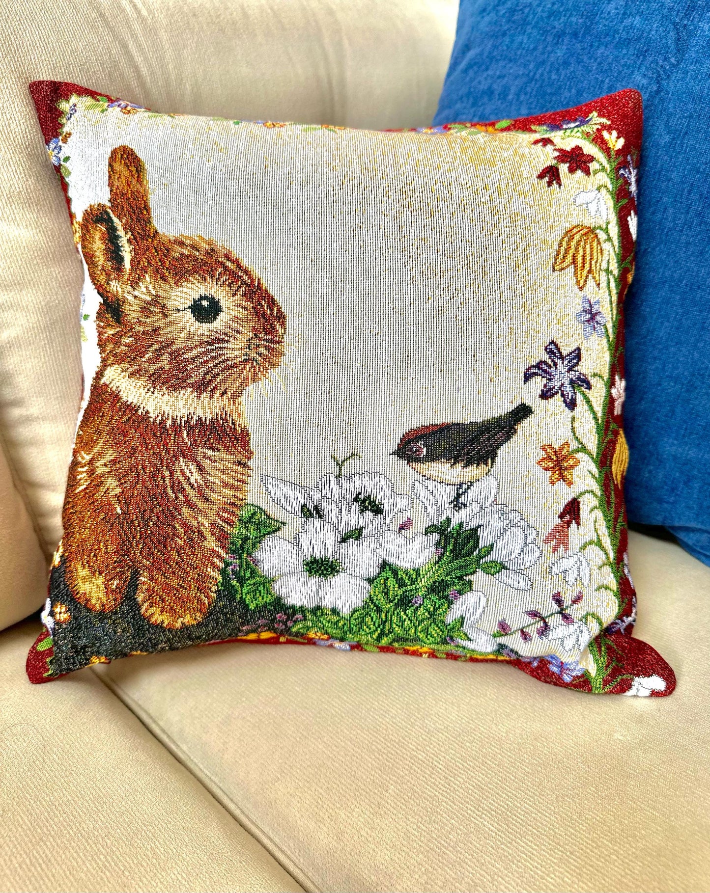 Belgian Jacquard Woven Bunny Forest Animal Cushion Cover, 16"x16" Rabbit Tapestry Pillow, Rustic Lodge Decor, Woodland Wildlife Throw Pillow
