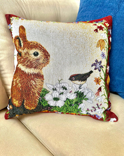 Belgian Jacquard Woven Bunny Forest Animal Cushion Cover, 16"x16" Rabbit Tapestry Pillow, Rustic Lodge Decor, Woodland Wildlife Throw Pillow