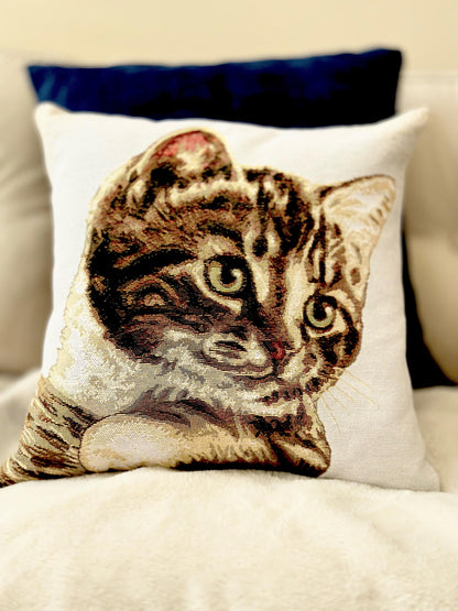 Belgian Jacquard Woven Cat Pillow Cover, 16"x16" Tapestry Cushion, Decorative Feline Throw Pillow, Animal Lover Gift, Decorative cat pillow