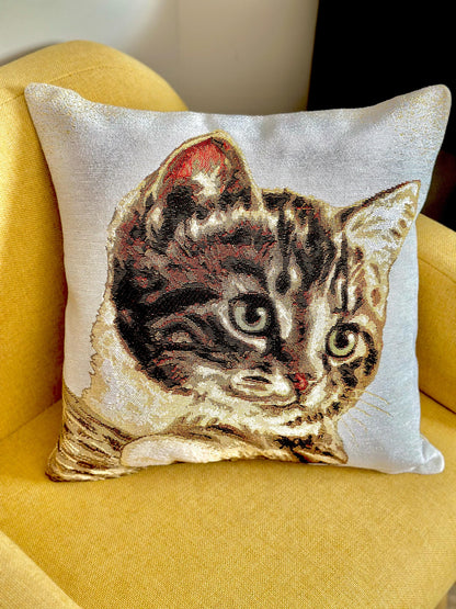 Belgian Jacquard Woven Cat Pillow Cover, 16"x16" Tapestry Cushion, Decorative Feline Throw Pillow, Animal Lover Gift, Decorative cat pillow