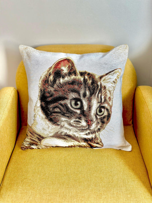 Belgian Jacquard Woven Cat Pillow Cover, 16"x16" Tapestry Cushion, Decorative Feline Throw Pillow, Animal Lover Gift, Decorative cat pillow