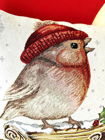 Christmas Bird Cushion Cover, Christmas Home Decor, Festive Pillow with Snowy Bird Design, Christmas Throw Pillow, Christmas Gift For Mom
