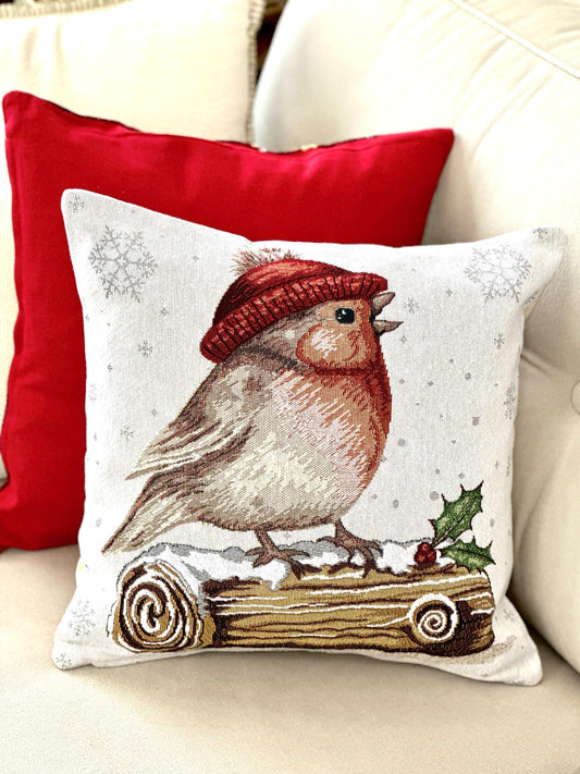 Christmas Bird Cushion Cover, Christmas Home Decor, Festive Pillow with Snowy Bird Design, Christmas Throw Pillow, Christmas Gift For Mom