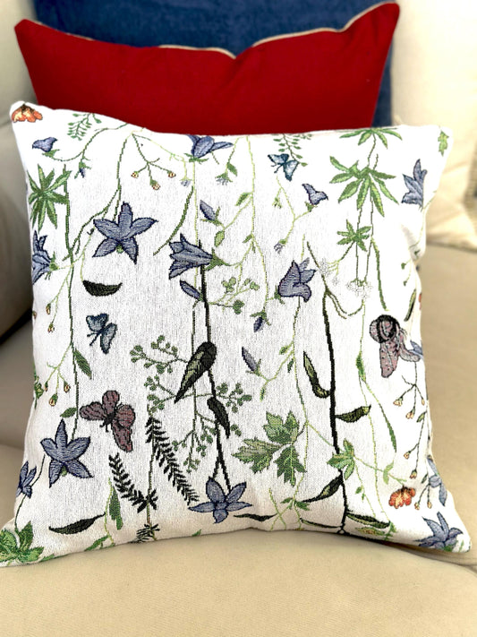 Spring Floral Jacquard Cushion Cover, Vintage-Inspired Throw Pillow, Woven Decorative Pillow Cover, 16x16 Cushion Cover, Birds Cushion Cover