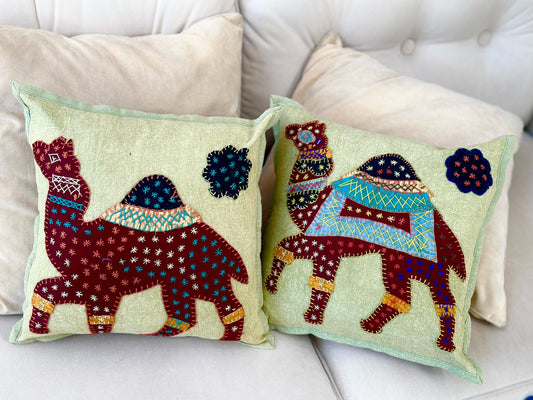 Set of Two Vintage Kantha Cushion Covers, Indian Bohemian Kantha Cushion, Handmade Antique Kantha Throw Pillow, Boho Cushion