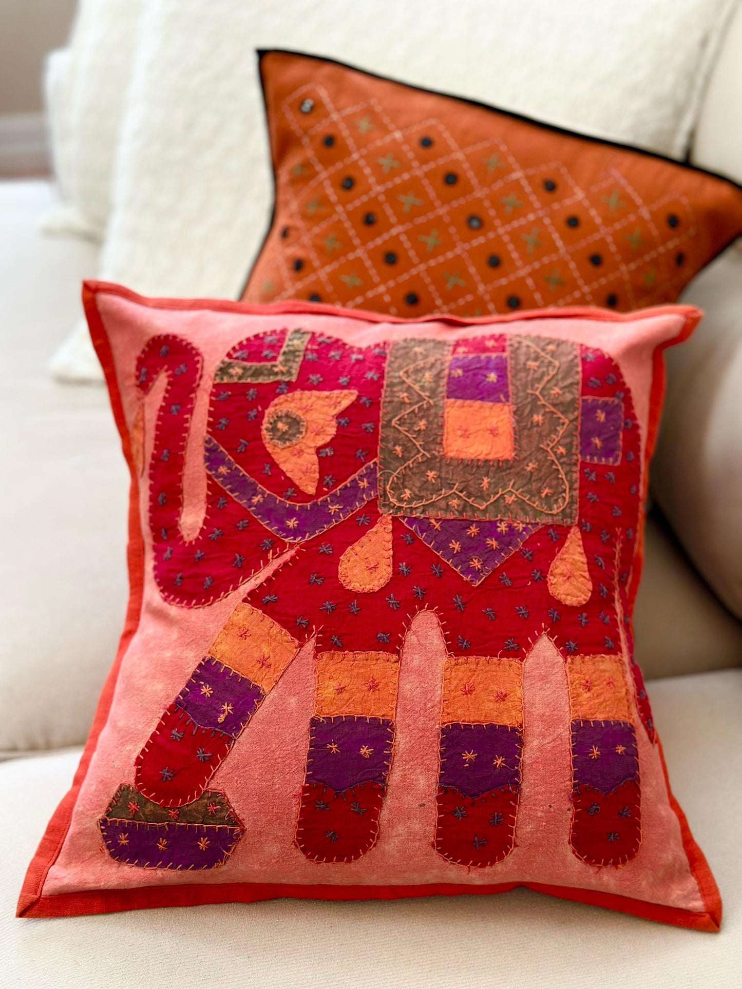 Set of Two Kantha Elephant Cushion Cover, Indian Boho Throw Pillow, Hand Embroidered Cushion Covers, Decorative Pillow Cases