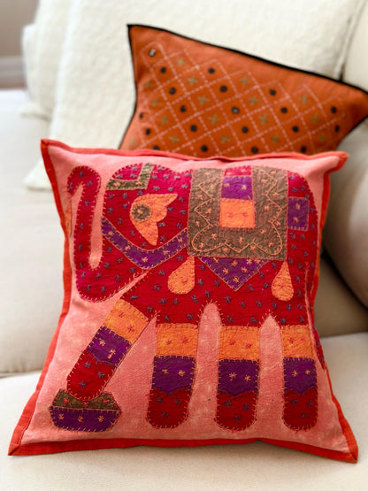 Set of Two Kantha Elephant Cushion Cover, Indian Boho Throw Pillow, Hand Embroidered Cushion Covers, Decorative Pillow Cases