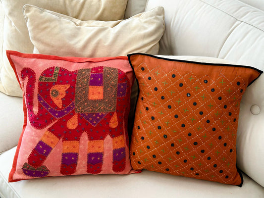 Set of Two Kantha Elephant Cushion Cover, Indian Boho Throw Pillow, Hand Embroidered Cushion Covers, Decorative Pillow Cases