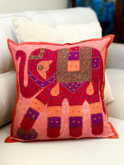 Set of Two Kantha Elephant Cushion Cover, Indian Boho Throw Pillow, Hand Embroidered Cushion Covers, Decorative Pillow Cases