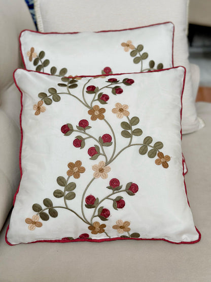 Embroidered Floral Pillow Covers, 16x16 Holiday Red Berry Cushions, Festive Home Decor, Christmas Throw Pillow Gift