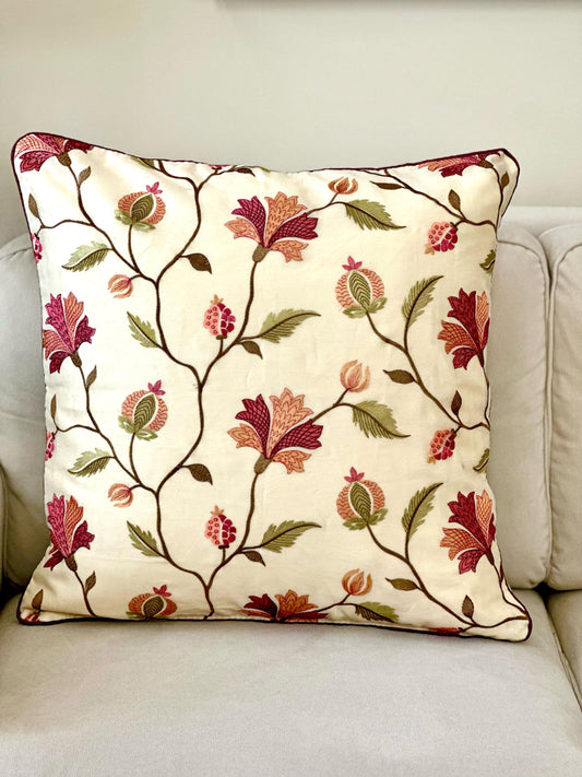 Floral Embroidered Cushion Cover 24x24 - Luxurious Handcrafted Linen and Cotton Pillow Case, Elegant Home Decor, Unique Gift Idea