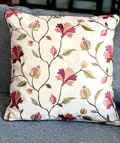 Floral Embroidered Cushion Cover 24x24 - Luxurious Handcrafted Linen and Cotton Pillow Case, Elegant Home Decor, Unique Gift Idea