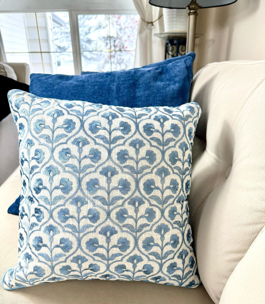Handcrafted Blue Embroidered Cushion Covers, Spring Home Decor, Modern Minimalist Pillow Case, Decorative Throw Pillow, Living Room Pillow