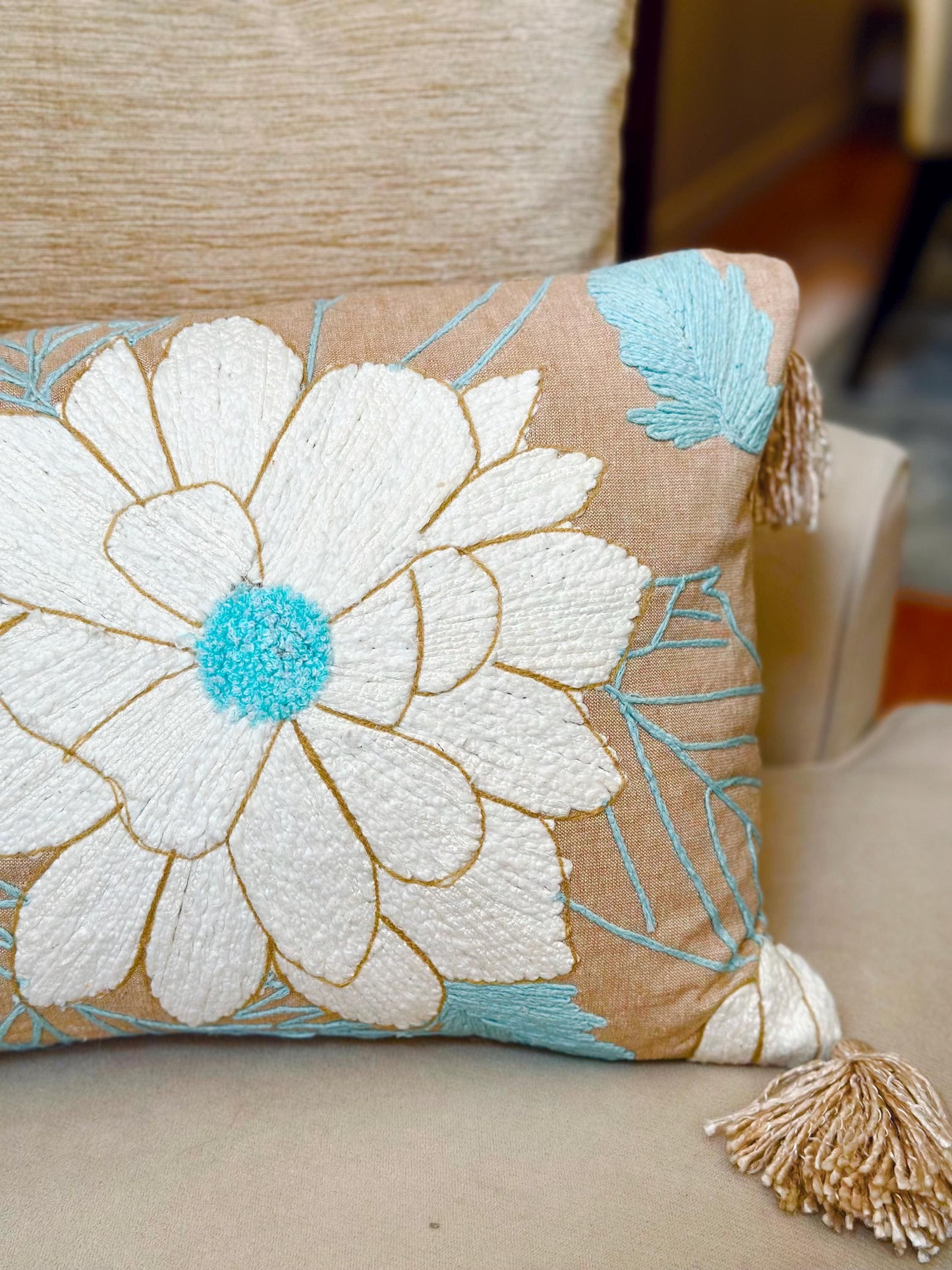 Floral Embroidered Lumbar Pillow, Boho Tassel Cushion, Handmade Decorative Cover, Beige Blue Accent Pillow, Cozy Sofa Throw