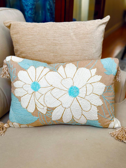 Floral Embroidered Lumbar Pillow, Boho Tassel Cushion, Handmade Decorative Cover, Beige Blue Accent Pillow, Cozy Sofa Throw