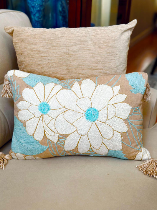 Floral Embroidered Lumbar Pillow, Boho Tassel Cushion, Handmade Decorative Cover, Beige Blue Accent Pillow, Cozy Sofa Throw