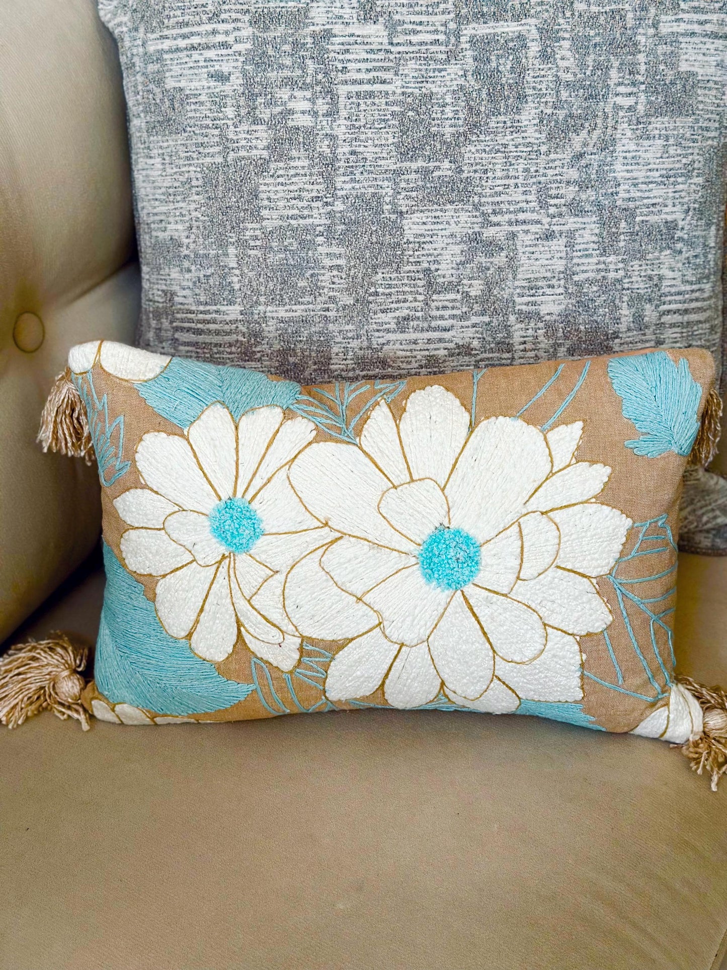Floral Embroidered Lumbar Pillow, Boho Tassel Cushion, Handmade Decorative Cover, Beige Blue Accent Pillow, Cozy Sofa Throw