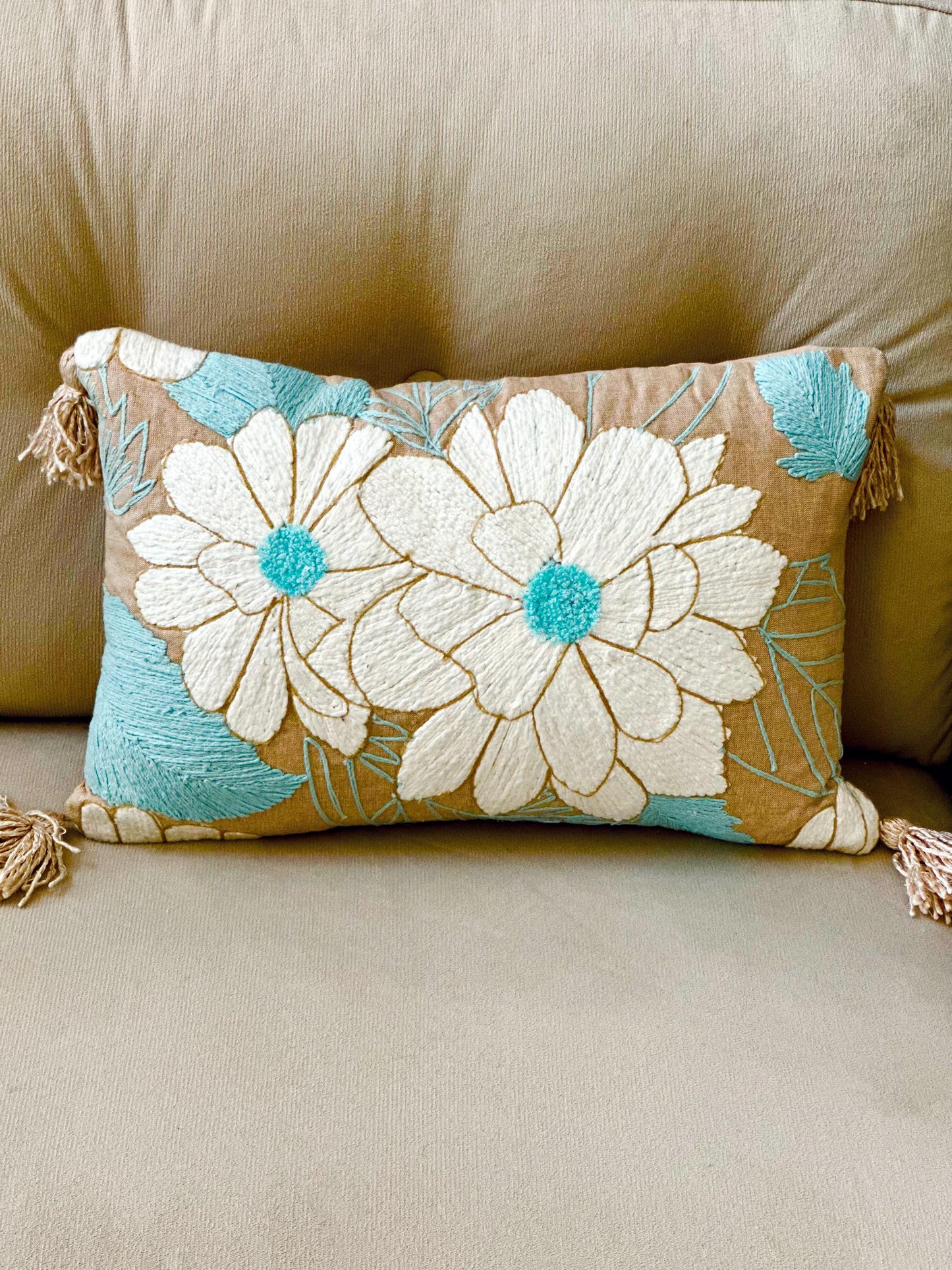 Floral Embroidered Lumbar Pillow, Boho Tassel Cushion, Handmade Decorative Cover, Beige Blue Accent Pillow, Cozy Sofa Throw