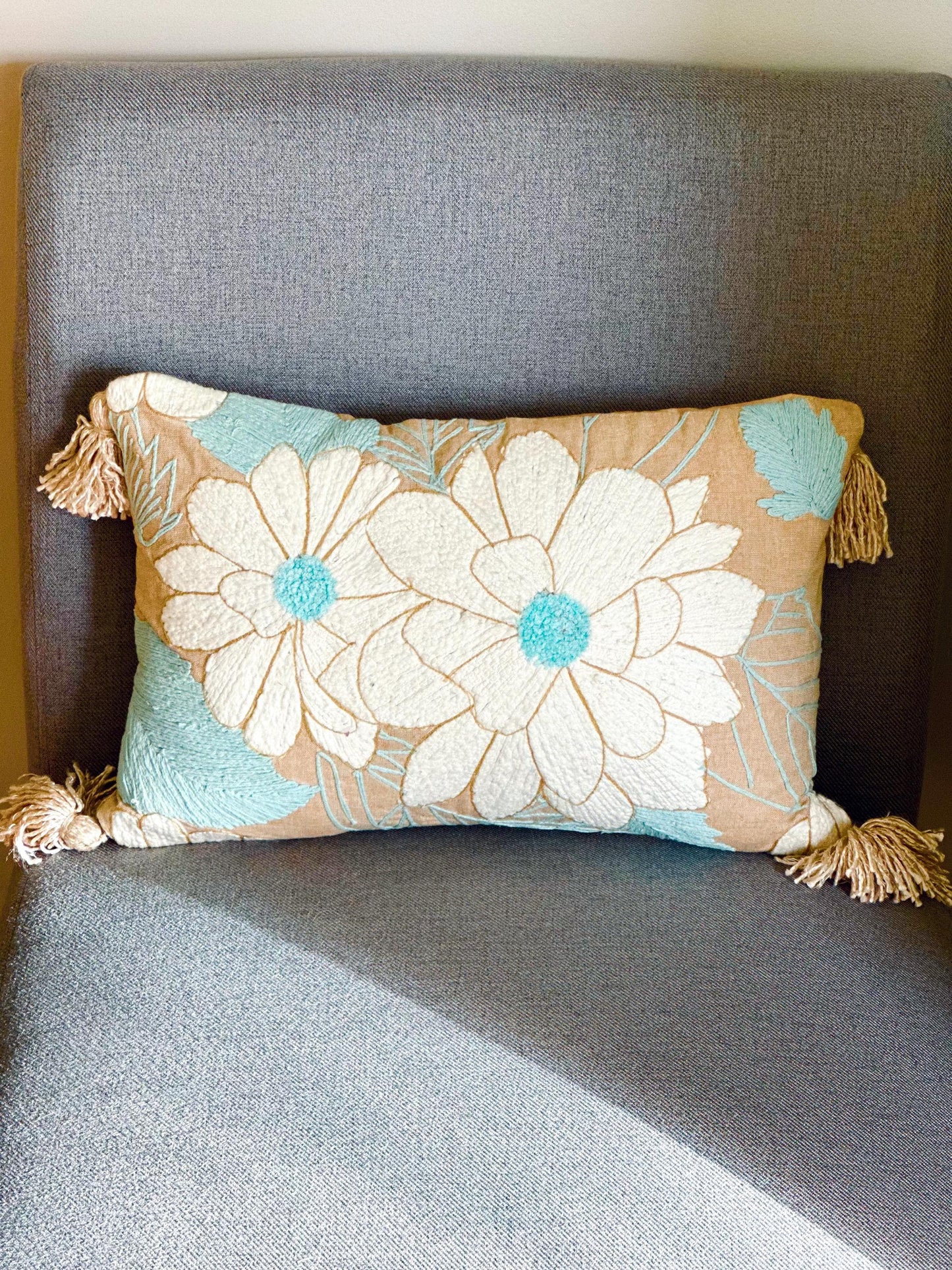 Floral Embroidered Lumbar Pillow, Boho Tassel Cushion, Handmade Decorative Cover, Beige Blue Accent Pillow, Cozy Sofa Throw
