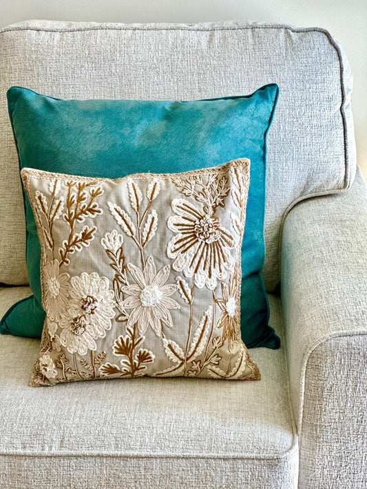 Hand Embroidered Floral Pillow Covers, Neutral Throw Cushion, Vintage Beige Farmhouse Decor, Rustic Boho Living Room, Minimalist Cozy Home
