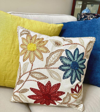 Hand Embroidered Spring Floral Cushion Cover, Botanical Throw Pillow, Nature-Inspired Decor, Cottagecore Sofa Accent, Cozy Home Decor