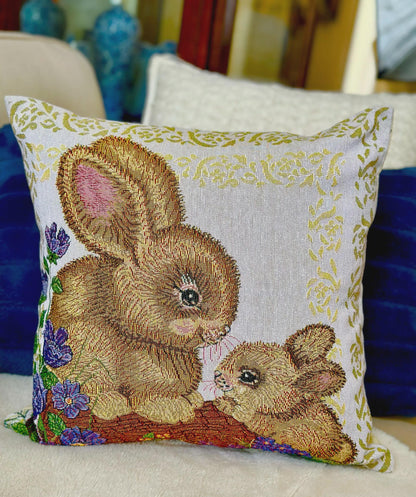 Belgian Jacquard Woven Bunny Forest Animal Cushion Cover, 16"x16" Rabbit Tapestry Pillow, Rustic Lodge Decor, Woodland Wildlife Throw Pillow