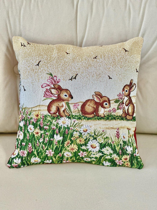 Belgian Jacquard Woven Bunny Forest Animal Cushion Cover, 16"x16" Rabbit Tapestry Pillow, Rustic Lodge Decor, Woodland Wildlife Throw Pillow